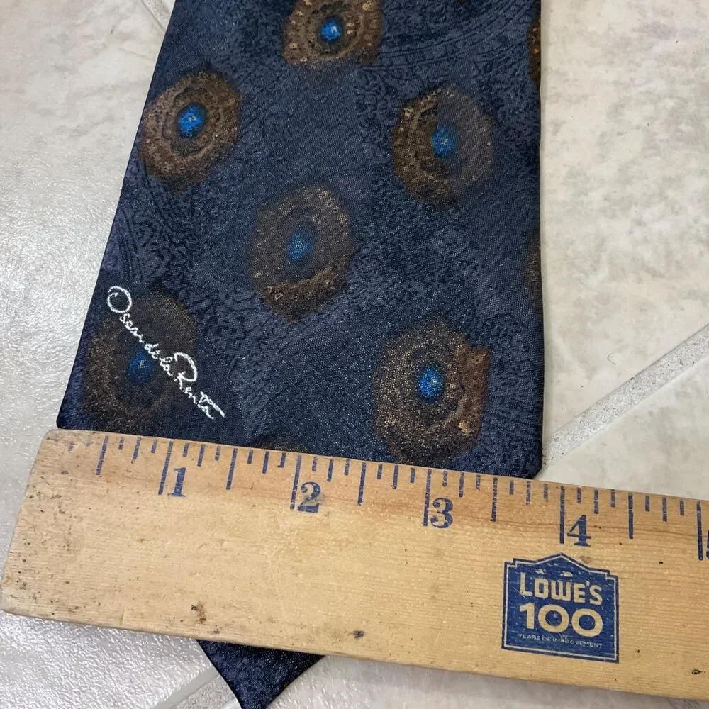 Oscar de la Renta Men's Silk + Poly Tie Necktie gray/brown/blue Foulard 56.5” US